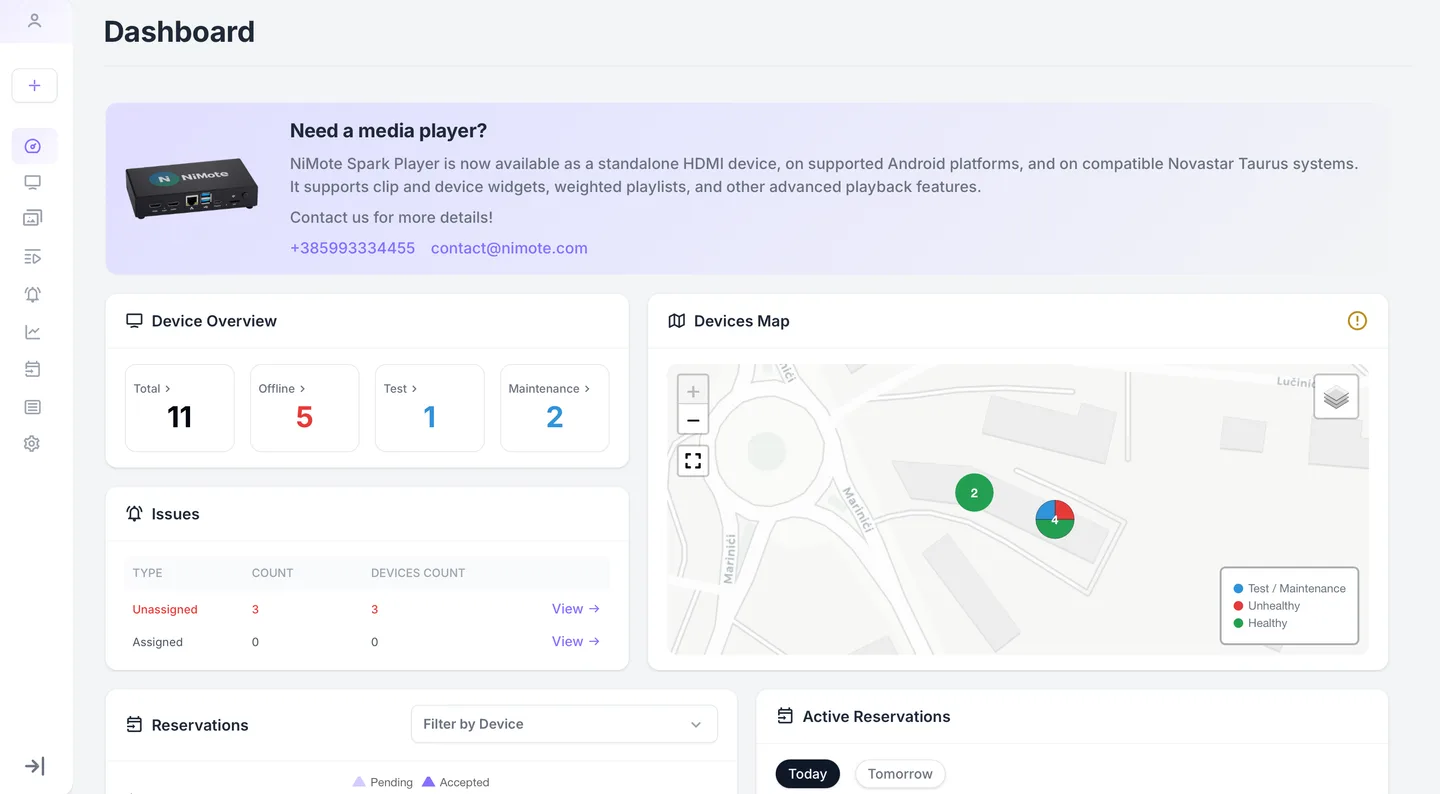 NiMote console dashboard: device fleet overview, open issues and a live devices map