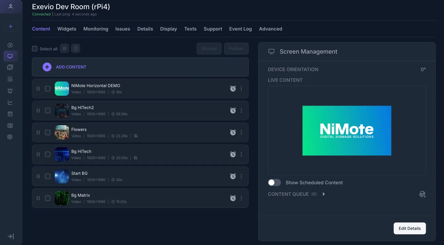 NiMote device console: live content preview and screen management for a connected display