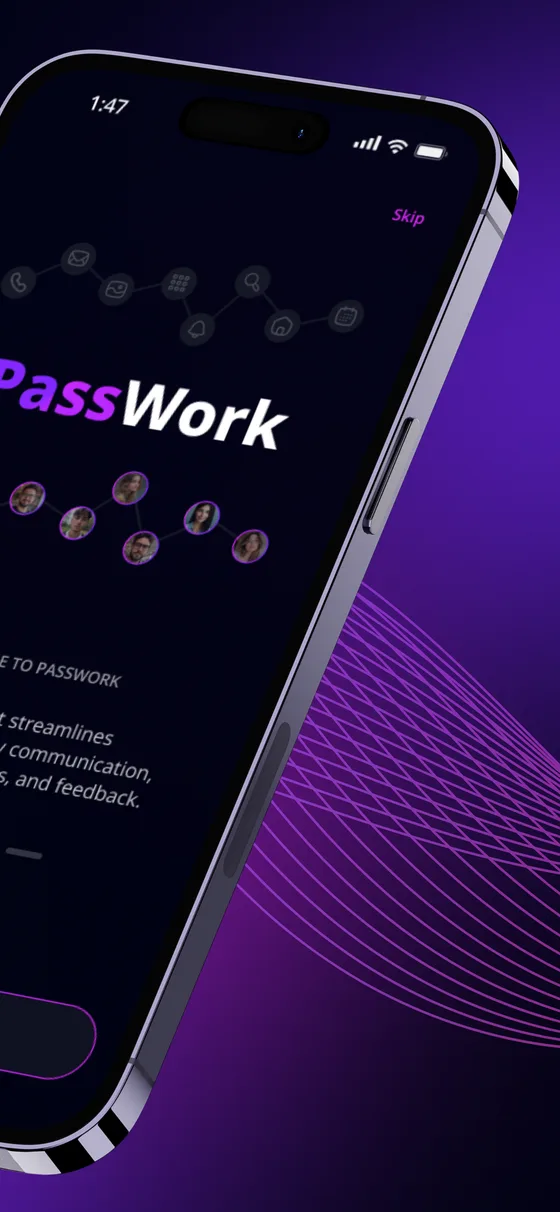 PassWork iOS app, welcome screen with the team network