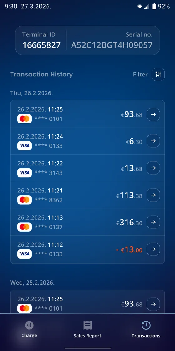 Transaction history on a QckPay Cashier terminal