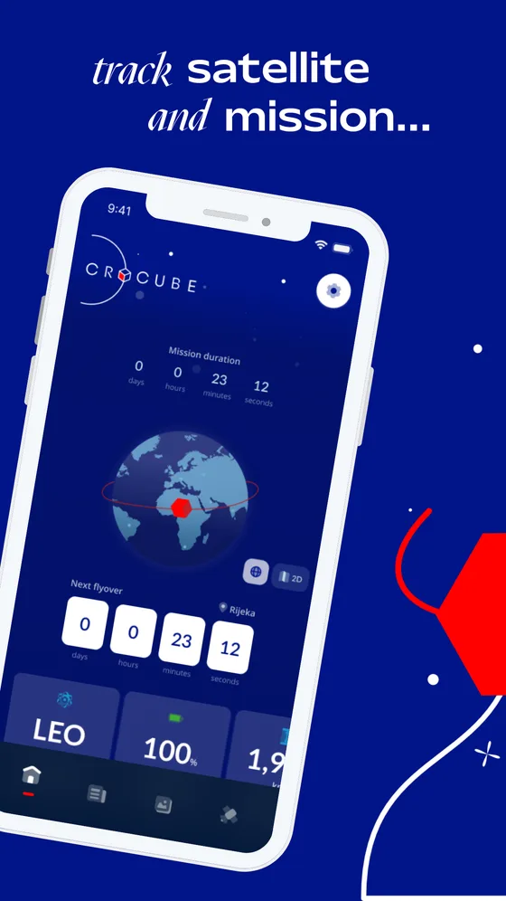 CroCube app, tracking the satellite around a 3D globe