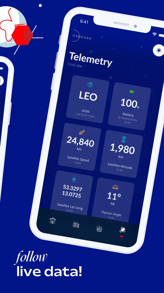 CroCube app, live telemetry: orbit, battery, speed and altitude