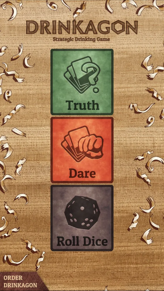 Drinkagon companion app, truth, dare and roll dice menu