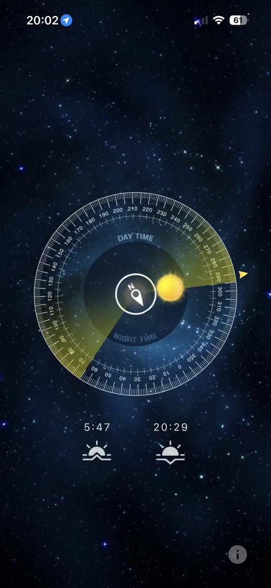 Sun Locator, the sun dial with sunrise and sunset times
