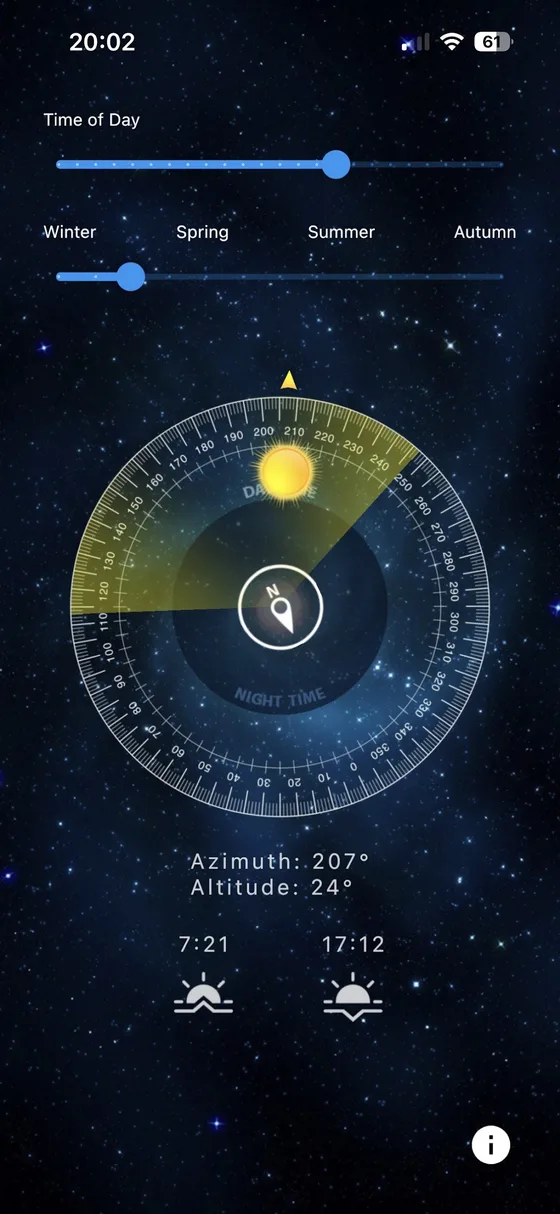 Sun Locator, azimuth and altitude readout on the daily path